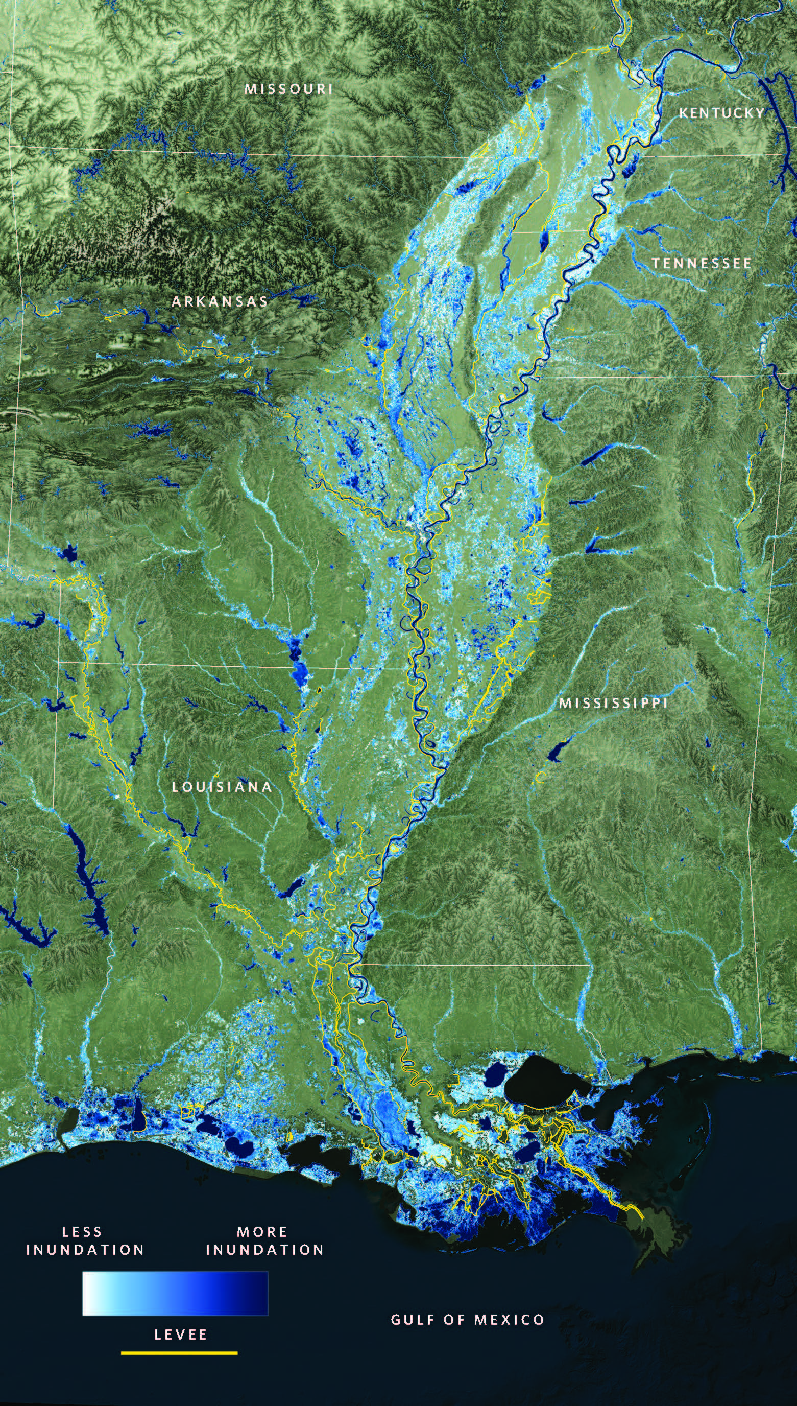 A topographical map of the Mississippi River shows the areas that have been inundated.